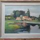Oil on canvas by JP Ferrand: hamlet reflected in the pond