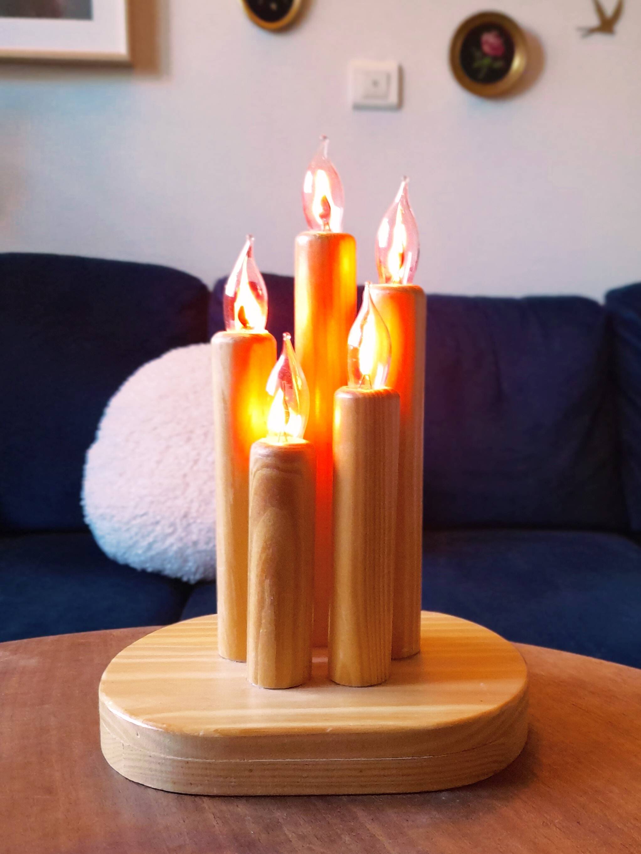 Vintage Swedish pine electric candelabra, 70s/80s