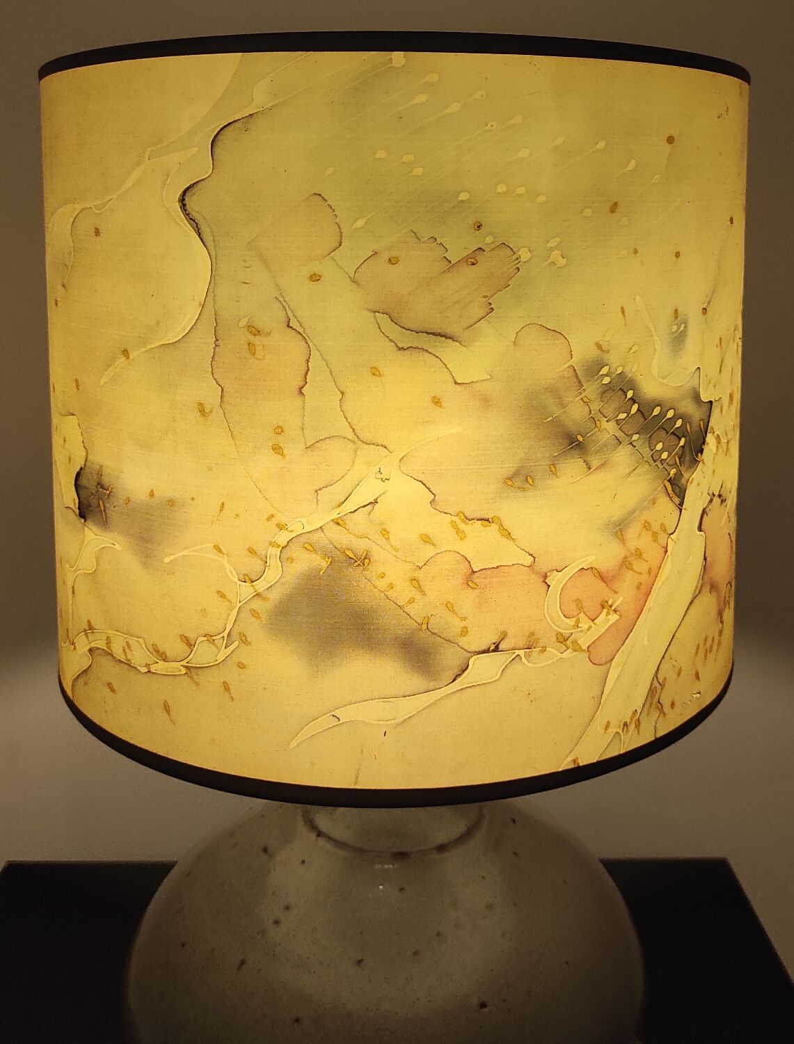 Vintage ceramic lamp signed & hand-painted silk shade 70s