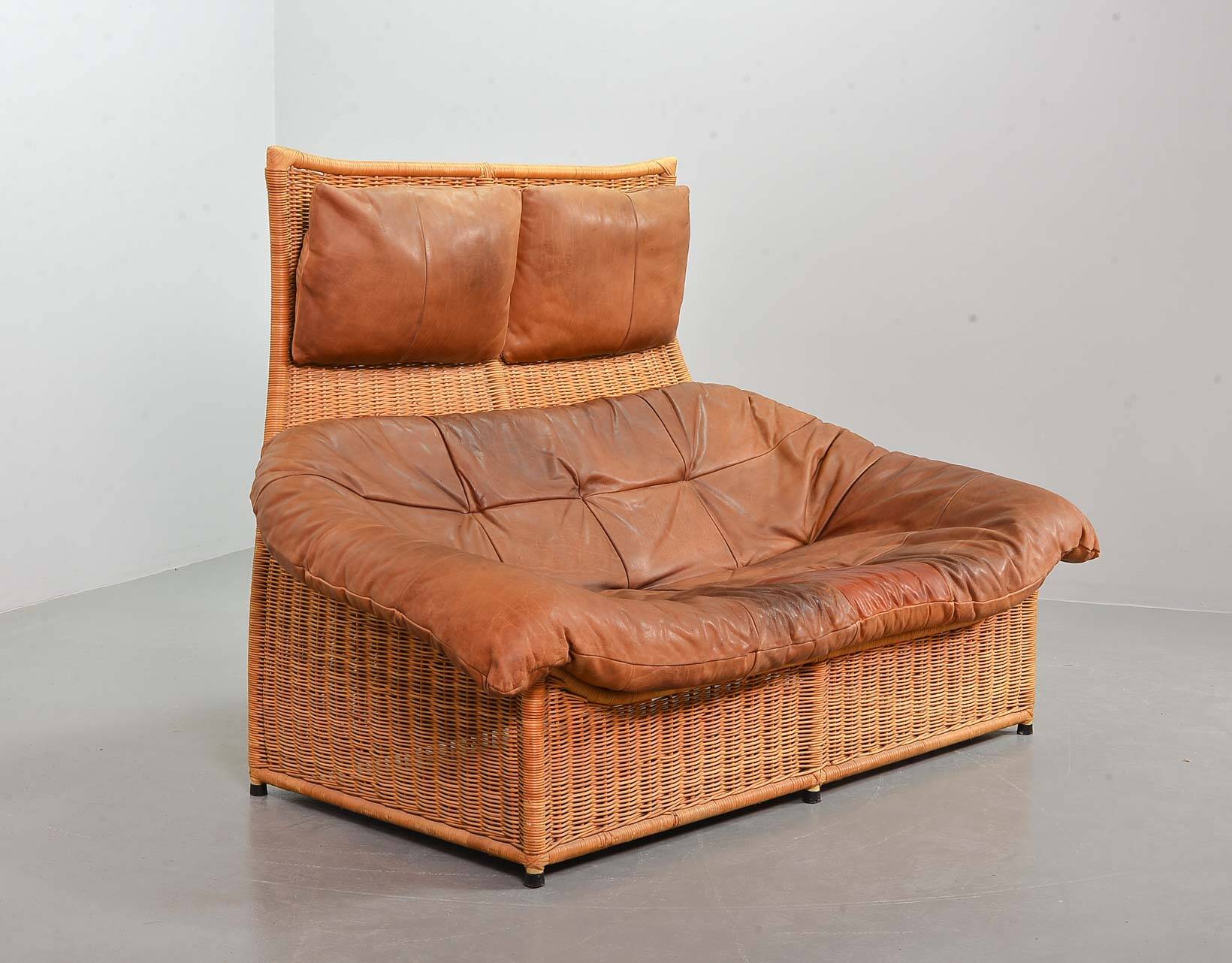 Gerard van de Berg Cognac Patchwork Leather 2-Seat Rockstyle Cane Sofa 70s