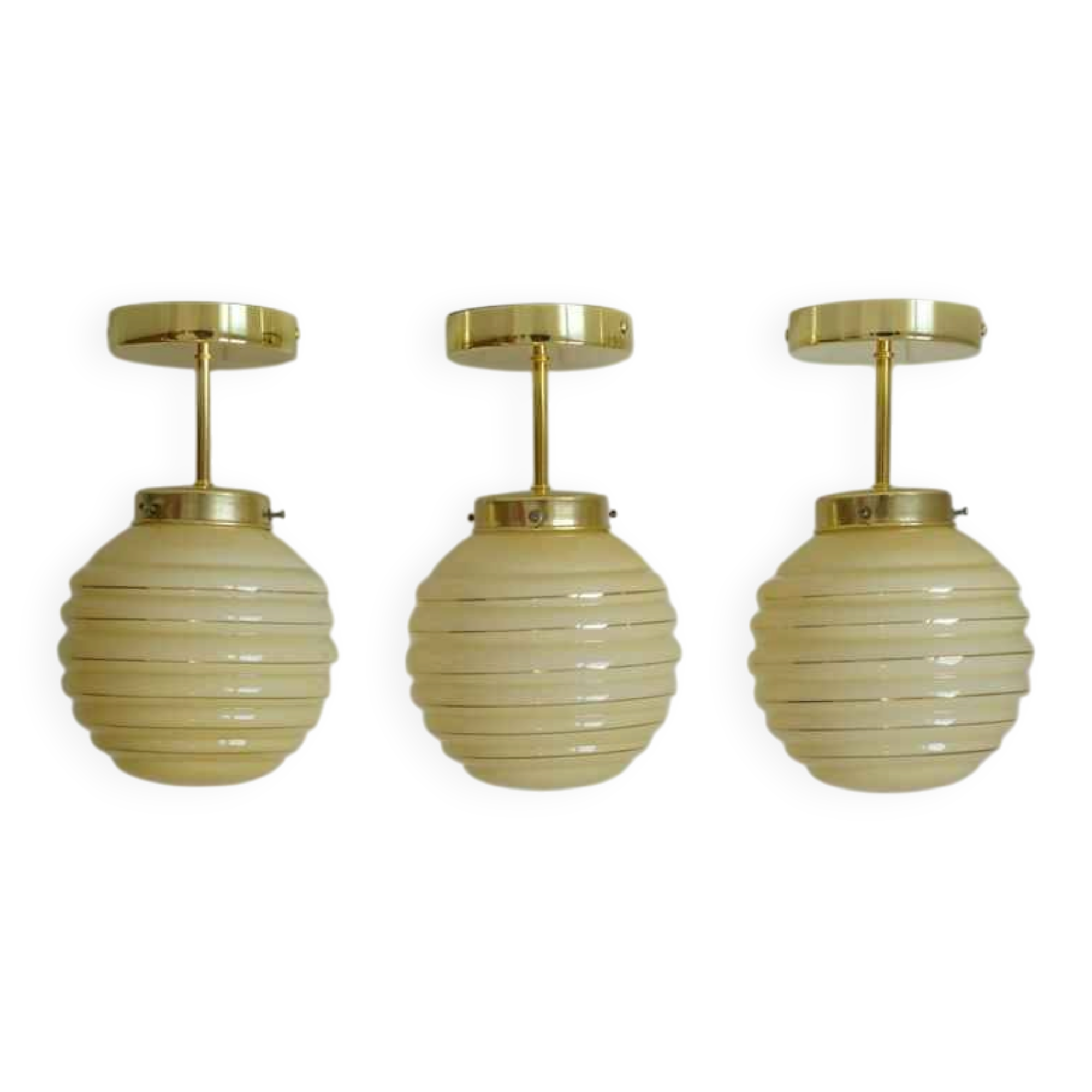 Set Of 3 Art Deco Semi Flush Ceiling Lights | 1940s Beige Hand Blown Glass