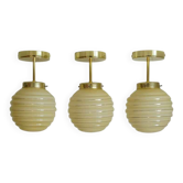 Set Of 3 Art Deco Semi Flush Ceiling Lights | 1940s Beige Hand Blown Glass