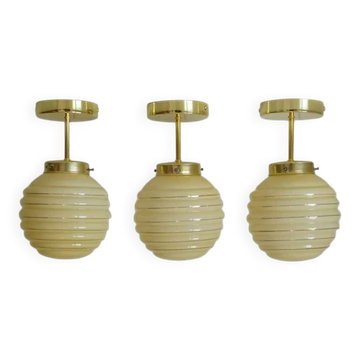 Set Of 3 Art Deco Semi Flush Ceiling Lights | 1940s Beige Hand Blown Glass