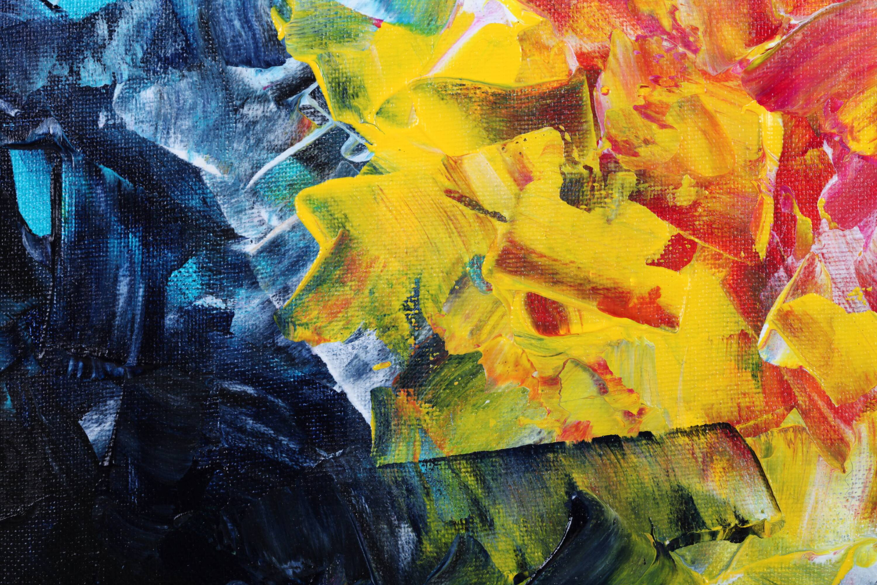 Acrylic painting on canvas in blue, pink, and yellow.