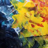 Acrylic painting on canvas in blue, pink, and yellow.