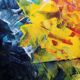 Acrylic painting on canvas in blue, pink, and yellow.