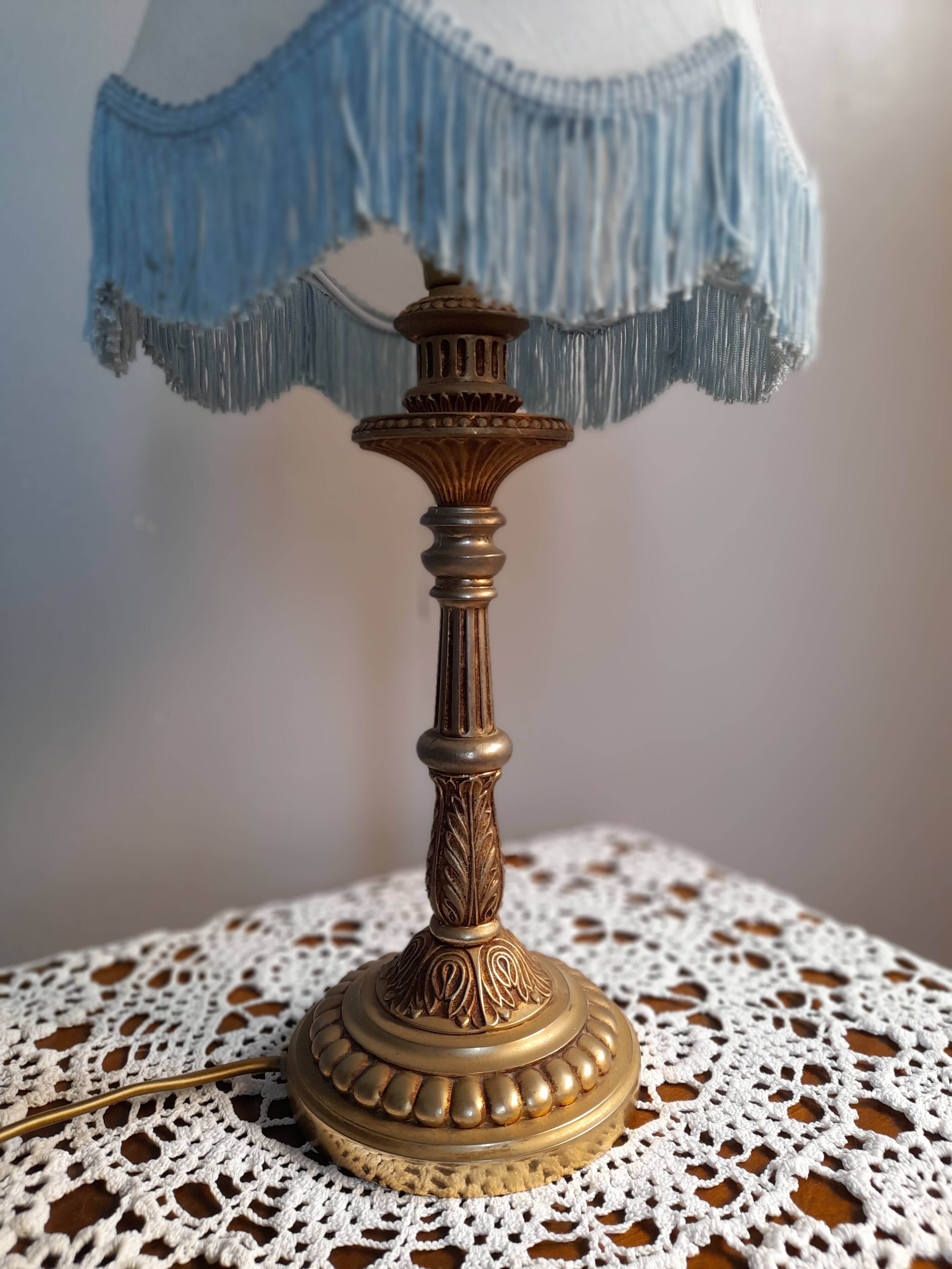 Table lamp bronze foot lampshade pagoda white and blue 50s