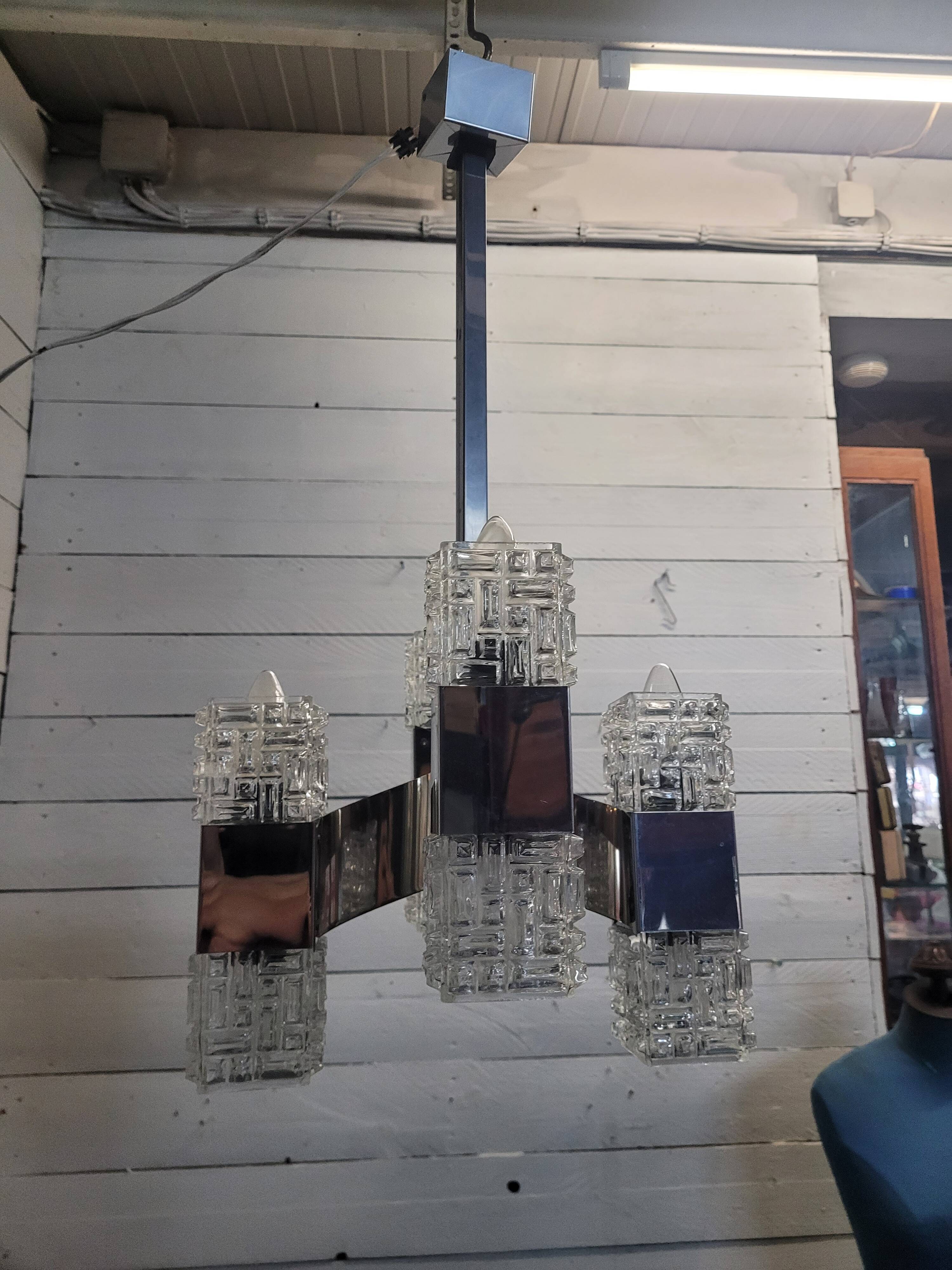 Chrome and glass pendant chandelier by Sciolari, Italy, 1960s