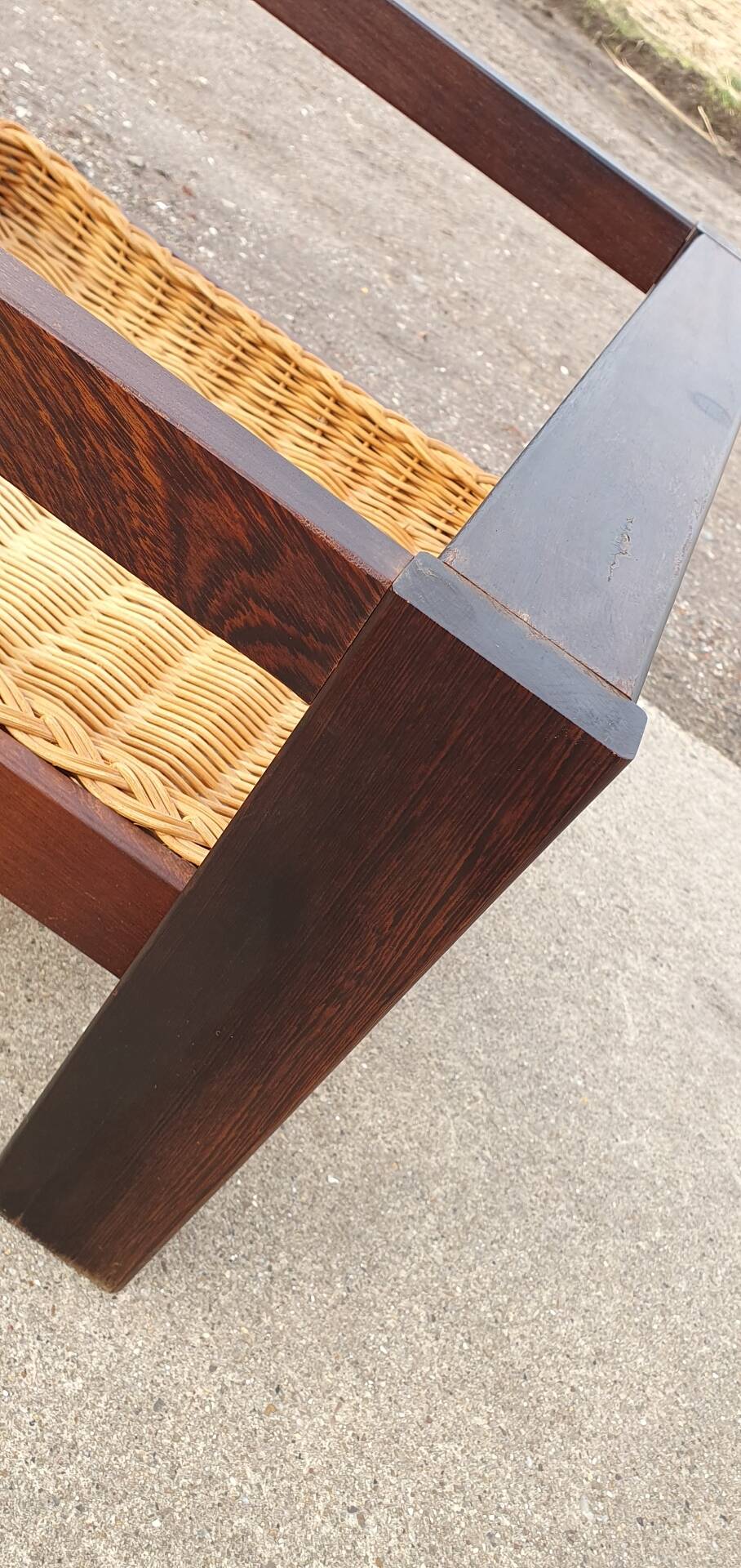 Vintage 1970s coffee table 137 cm wenge smoked glass  wicker basket
