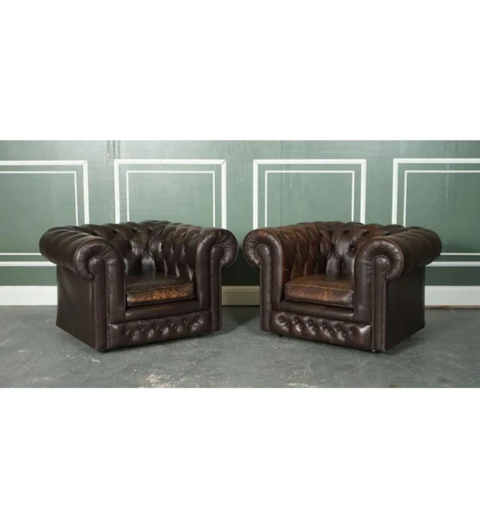 Vintage Brown Leather Chesterfield Club Tub Chairs, Set of 2