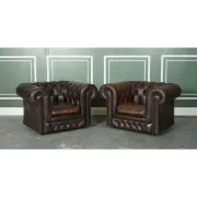 Vintage Brown Leather Chesterfield Club Tub Chairs, Set of 2