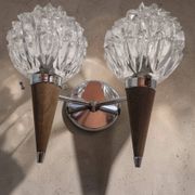 Double wall lamp in Scandinavian style - moulded glass and teak - 1960