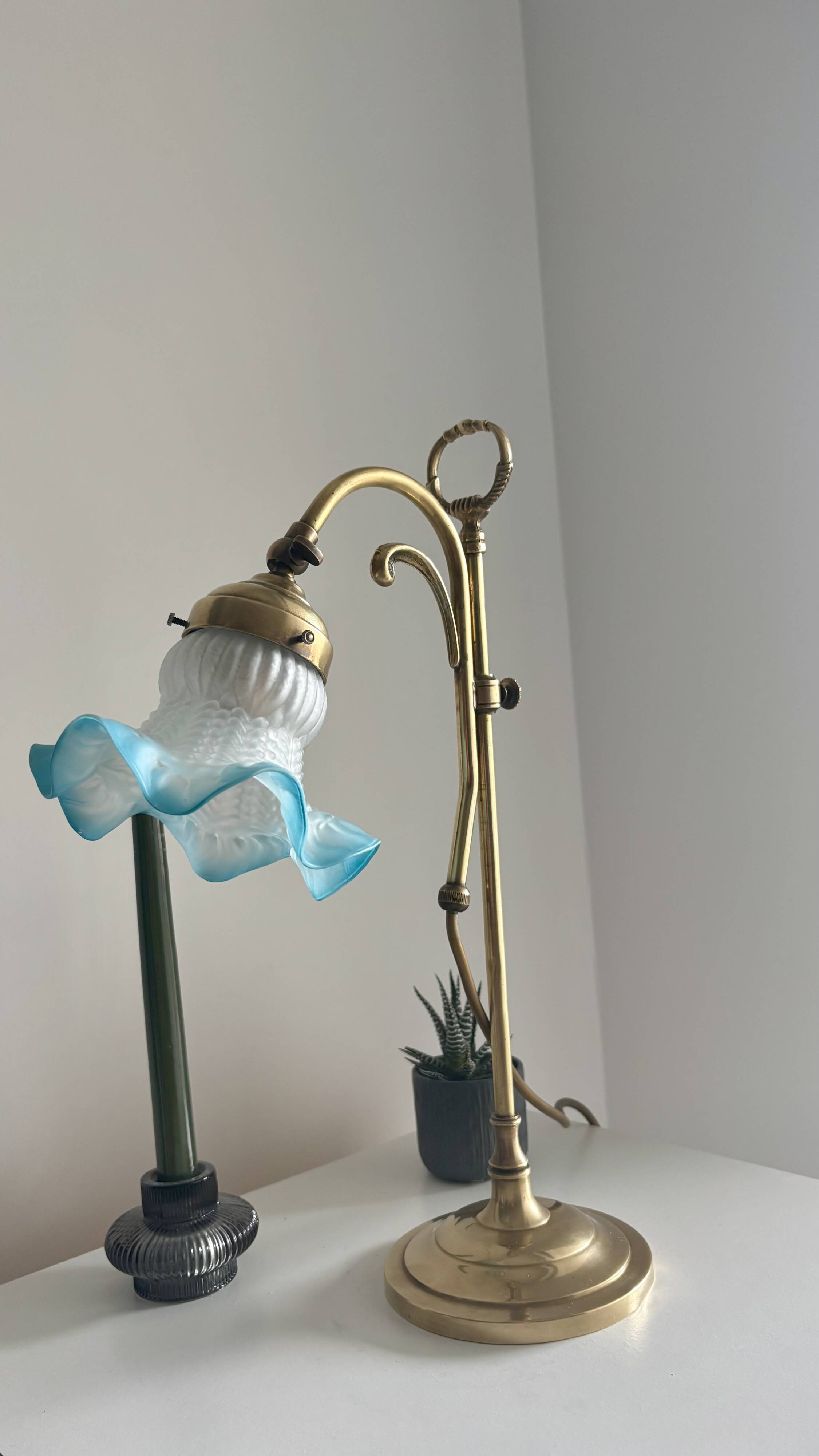 Art Nouveau style gilded brass lamp with sky blue opaline tulip