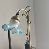 Art Nouveau style gilded brass lamp with sky blue opaline tulip