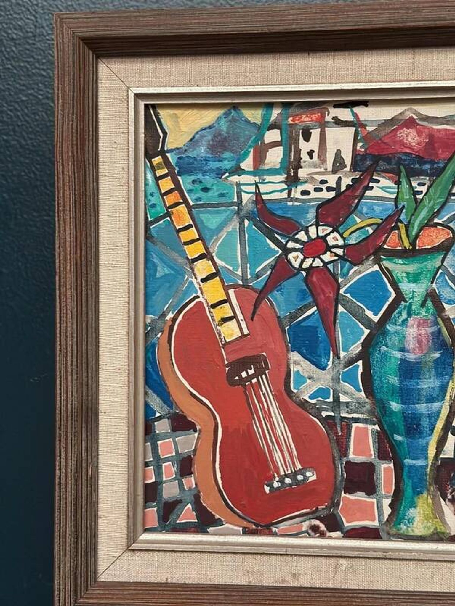 Swedish oil on canvas “Still life with guitar” by Josef José vintage 25×31cm
