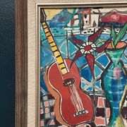 Swedish oil on canvas “Still life with guitar” by Josef José vintage 25×31cm