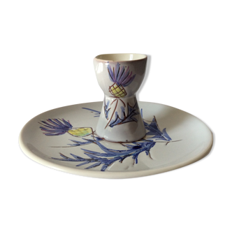 Coquetier and plate Vallauris décor chardons 60s