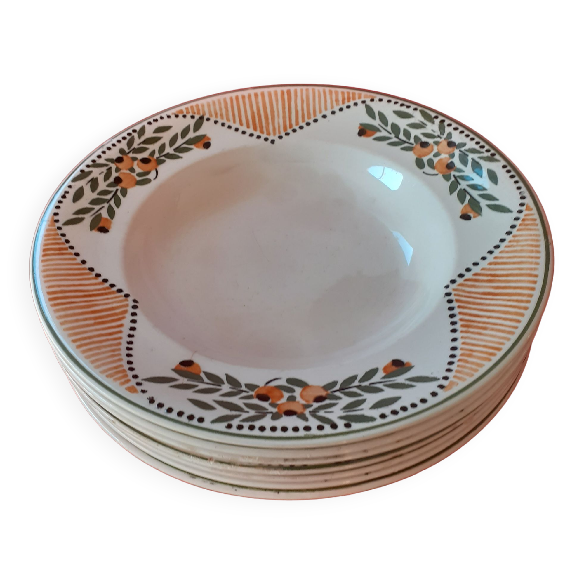 7 Longwy hollow plates. Hand-painted enameled. Model Antibes.