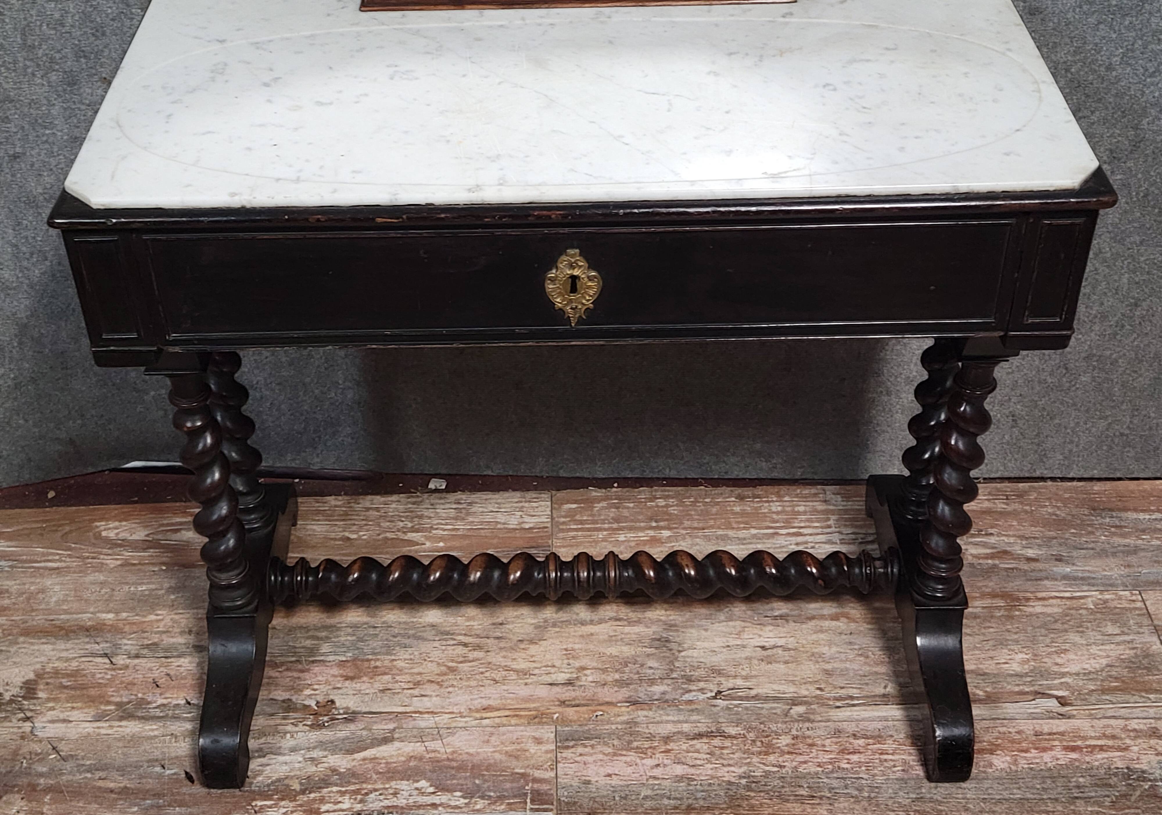 Napoleon III style dressing table in blackened wood, featuring an elegant octagonal mirror