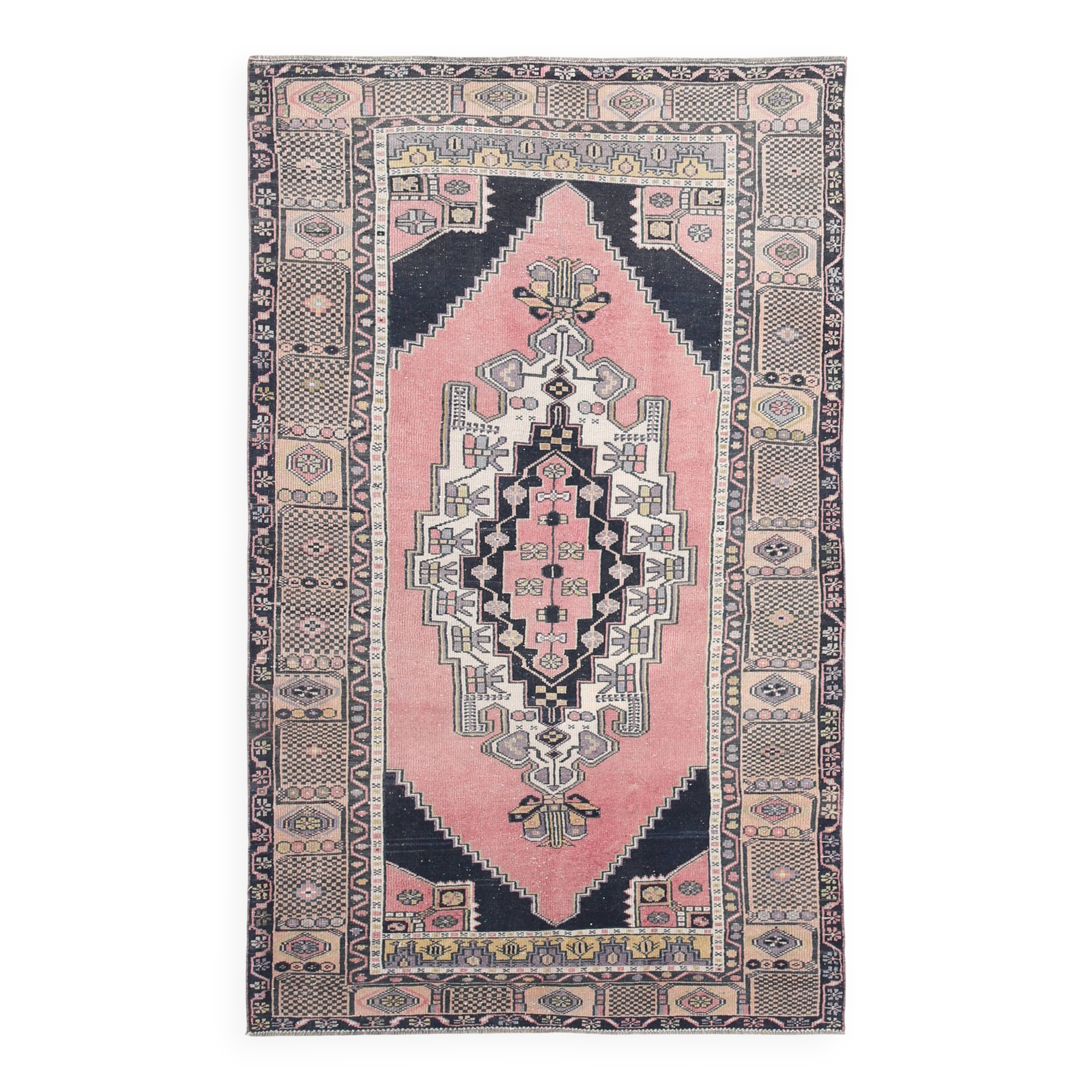 Tapis vintage oriental fait main rose et crème 4x7, 130x225 cm