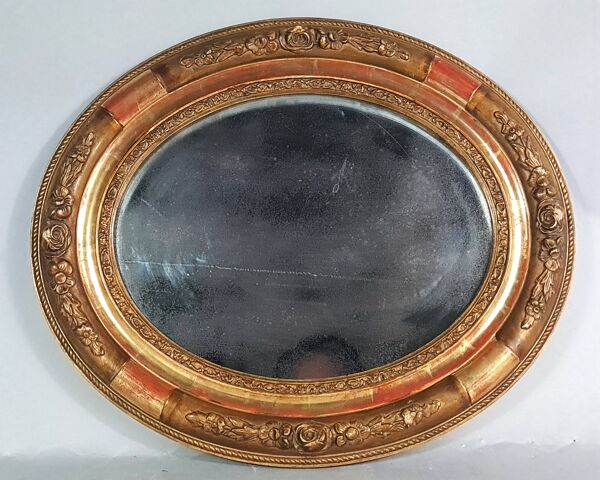 Ancien miroir ovale cadre bois stuc dorure d'origine 37x31 cm Belle patine