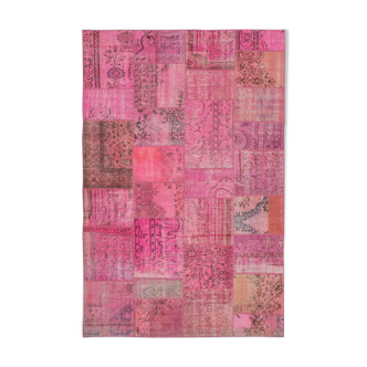 Handwoven turkish contemporary 208 cm x 314 cm pink patchwork carpet