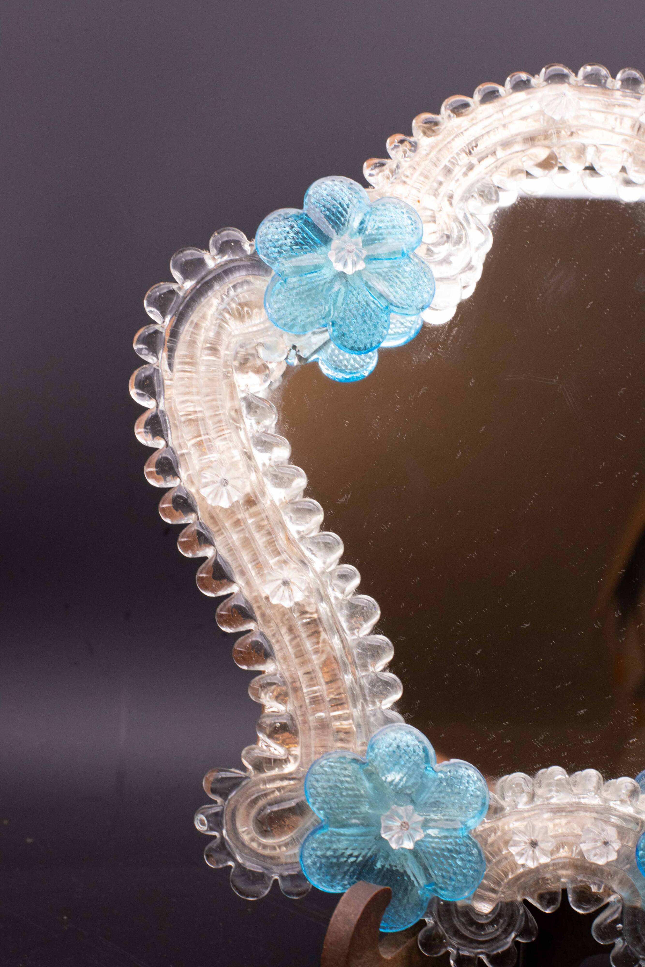 Classic Vintage Venetian Murano Bue Flower Glass Mirror, 1970s