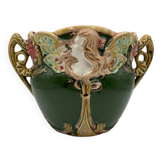 Cache pot art nouveau en barbotine, Onnaing, France 1900