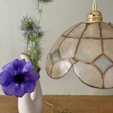 Vintage pendant lampshade in white and blue mother-of-pearl and brass
