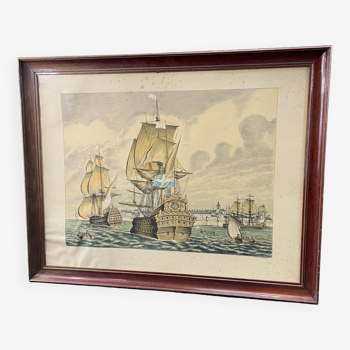 Lithograph view of Saint Malo 17th century with sailboats signed Daniel Derveaux