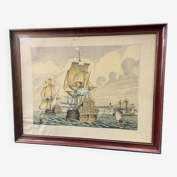Lithographie vue de Saint Malo XVIIe aux voiliers signée Daniel Derveaux