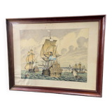 Lithograph view of Saint Malo 17th century with sailboats signed Daniel Derveaux
