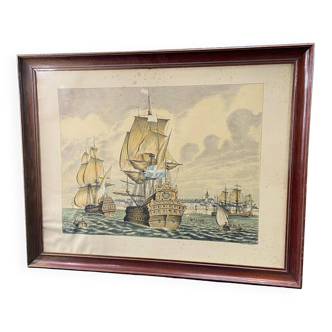 Lithographie vue de Saint Malo XVIIe aux voiliers signée Daniel Derveaux