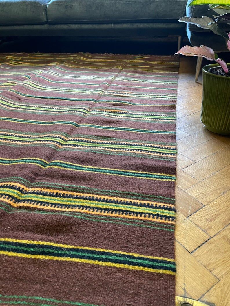 Romanian vintage carpet with stripes, made by hand in wool