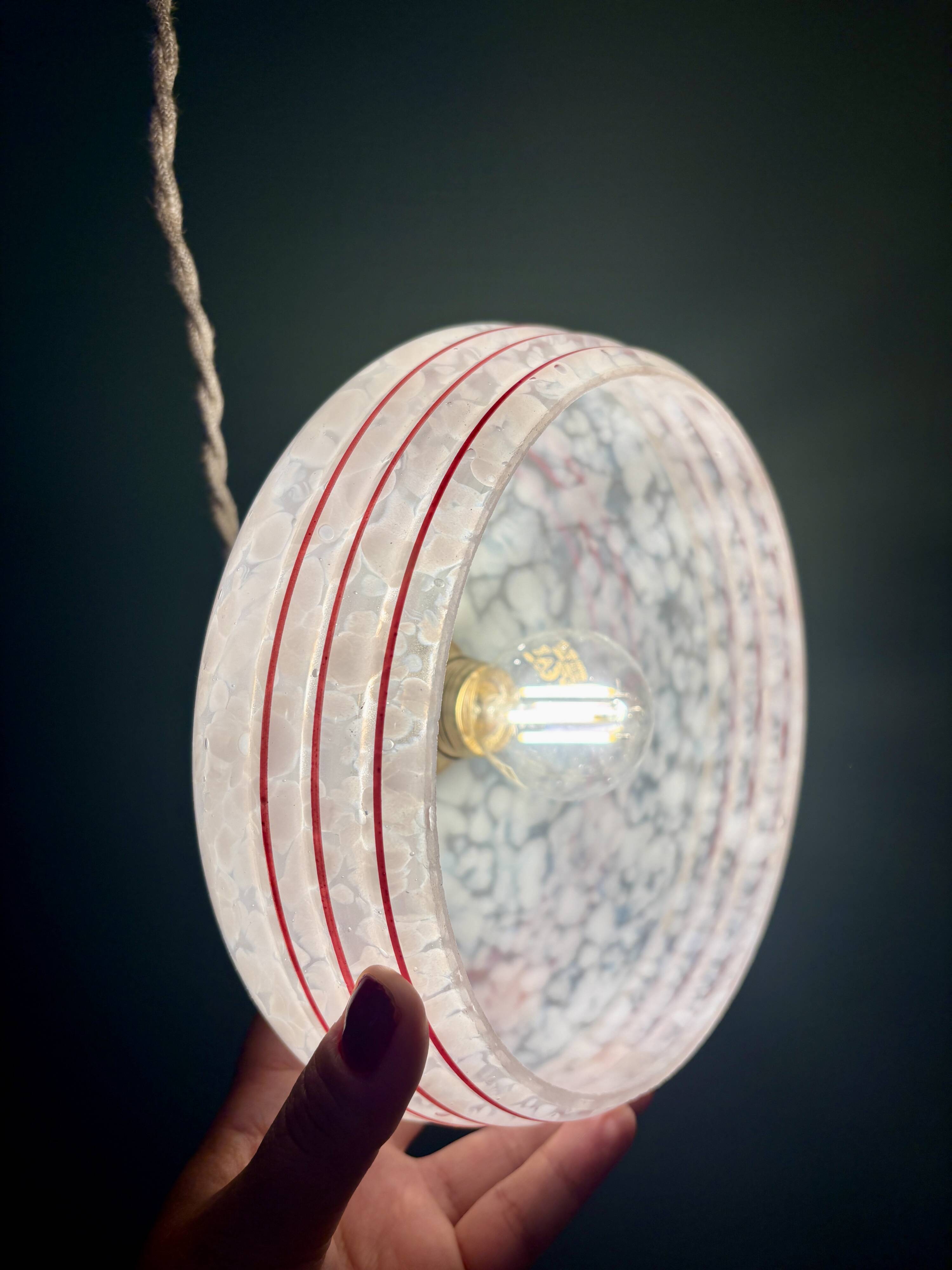 Vintage white clichy glass lampshade pendant light with red trim