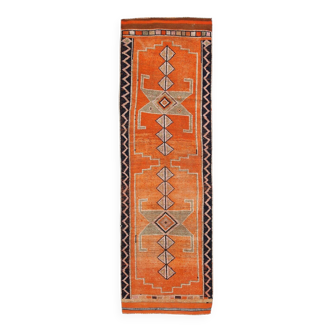 3x10 Blue & Orange Turkish Vintage Runner Rug, 88x291Cm