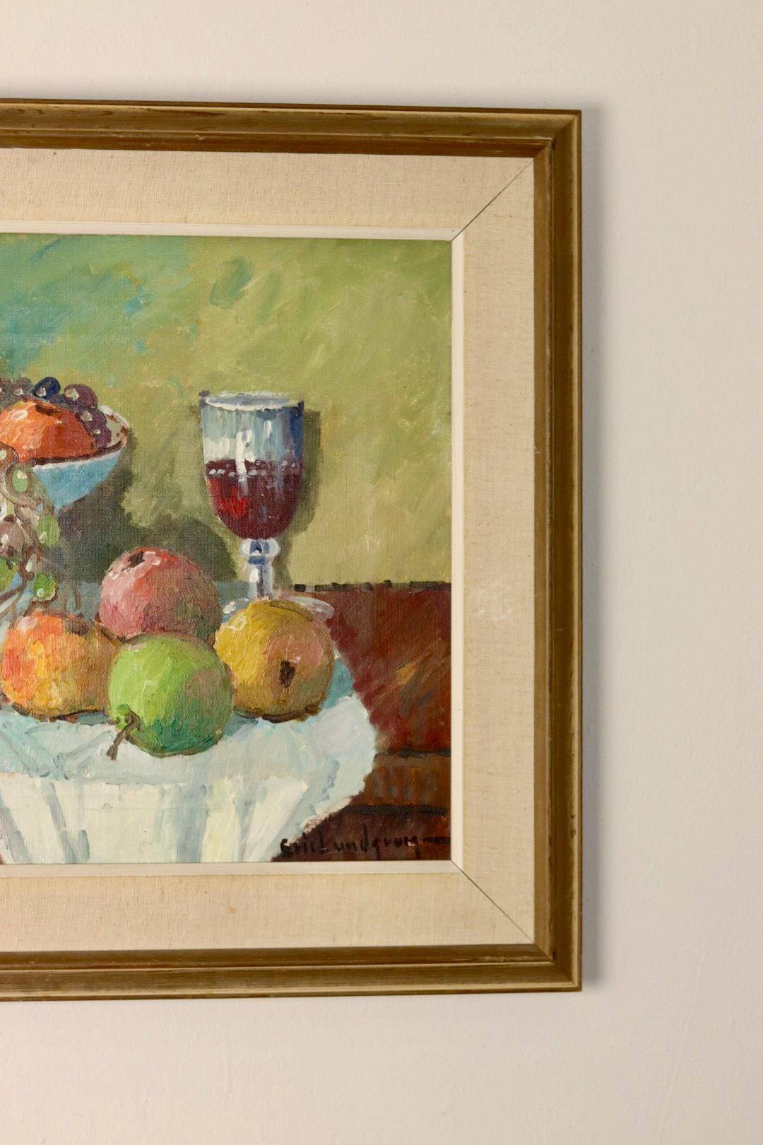 Original Swedish oil painting on canvas from the mid-century "Still Life with Bowl of Fruit" by Eric Lundgren -