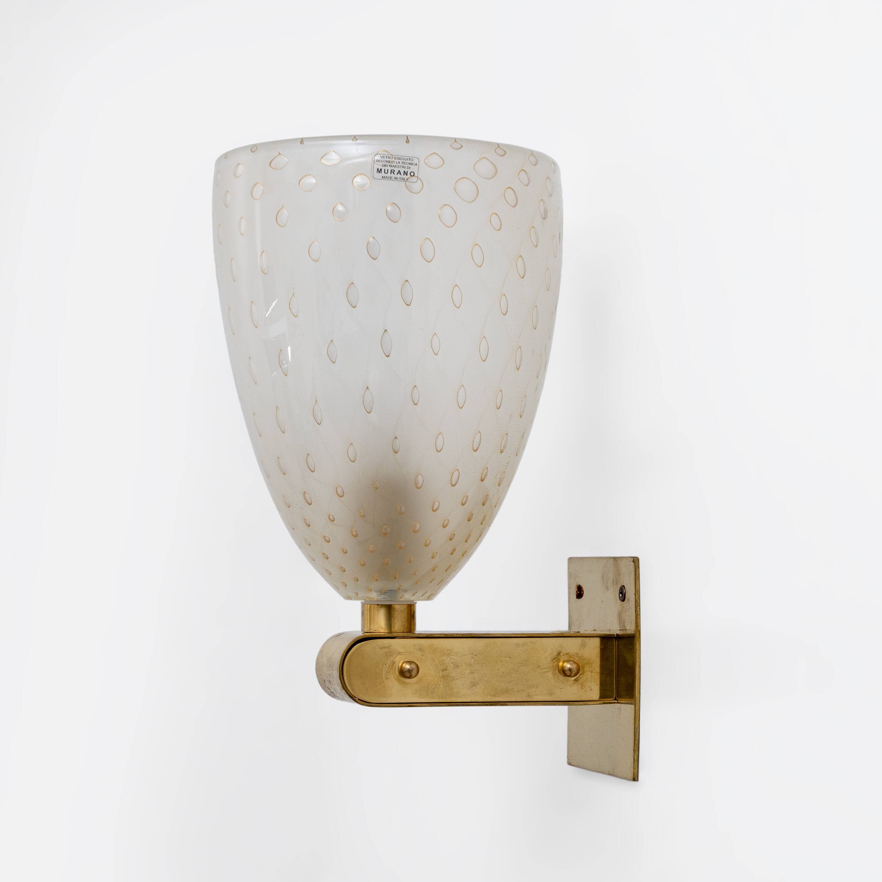 Pair of Murano Pulegoso Glass and Brass Wall Sconces, Italy