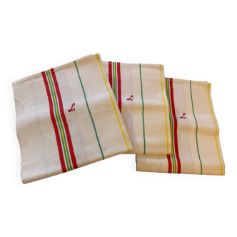 3 old tea towels in mint condition embroidered with an L or J