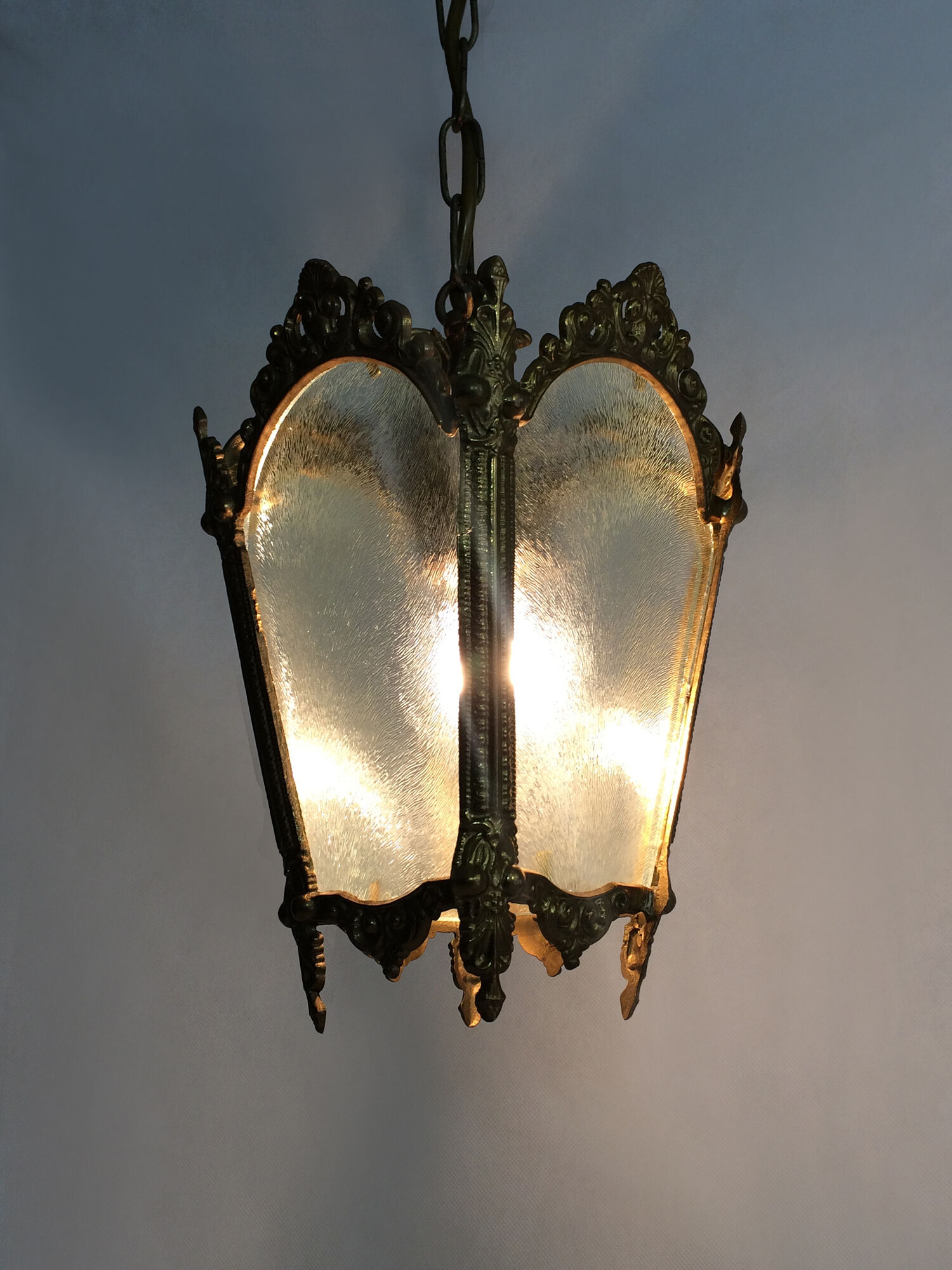 Old lantern with 4 faces in glass, chandelier in gilded bronze and glass, year 60