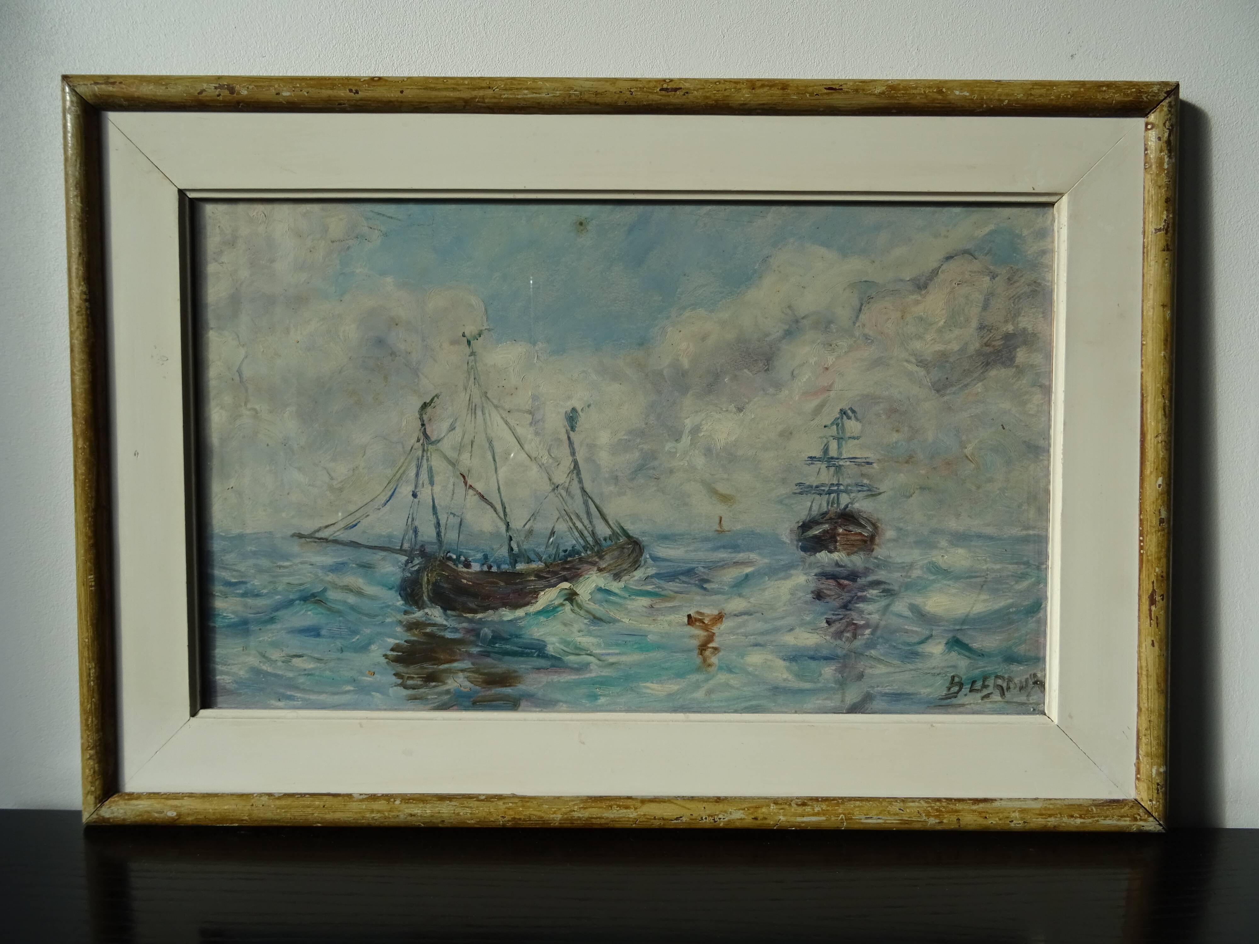 Old painting boat at sea signed