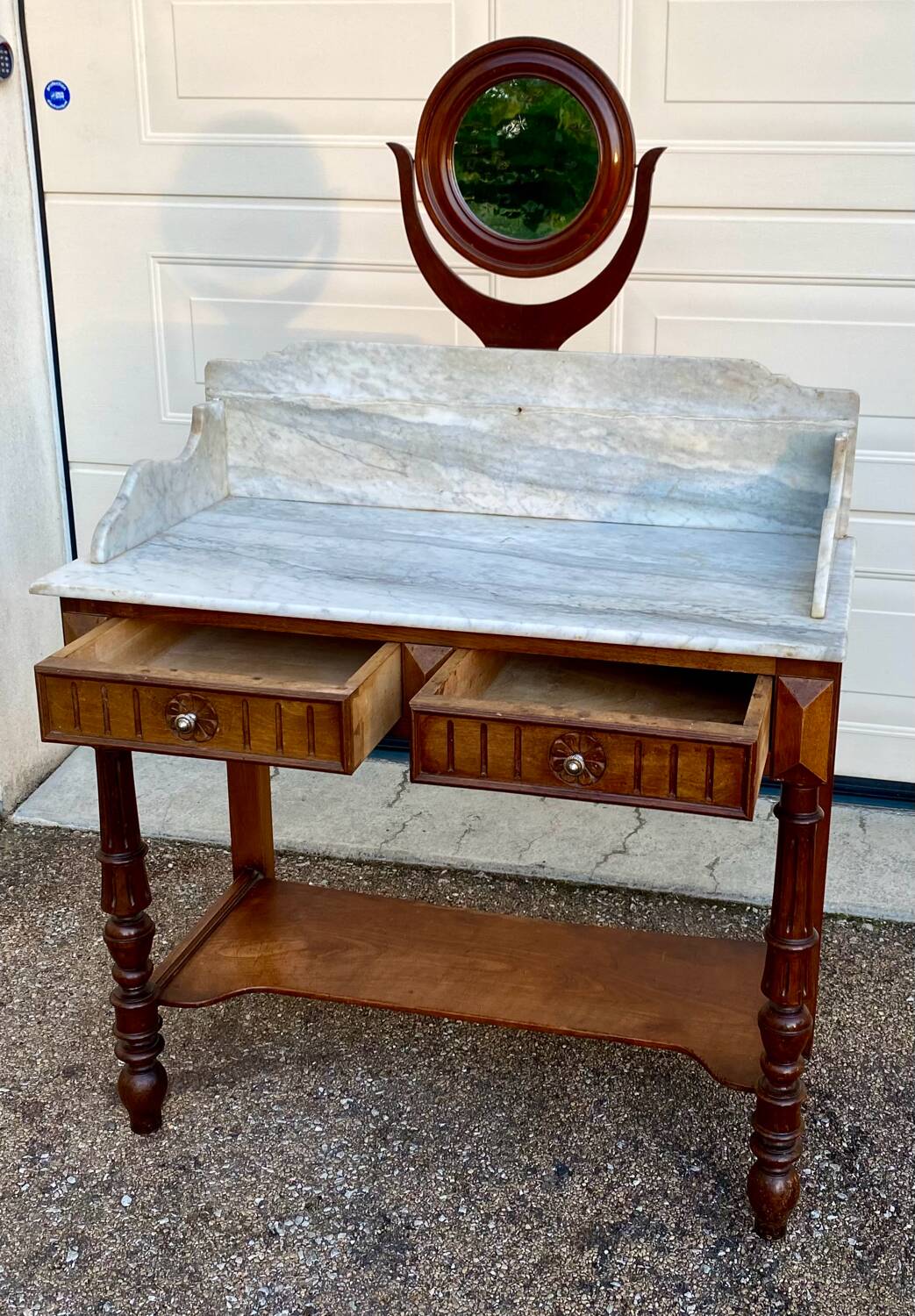 Antique white marble dressing table with drawer