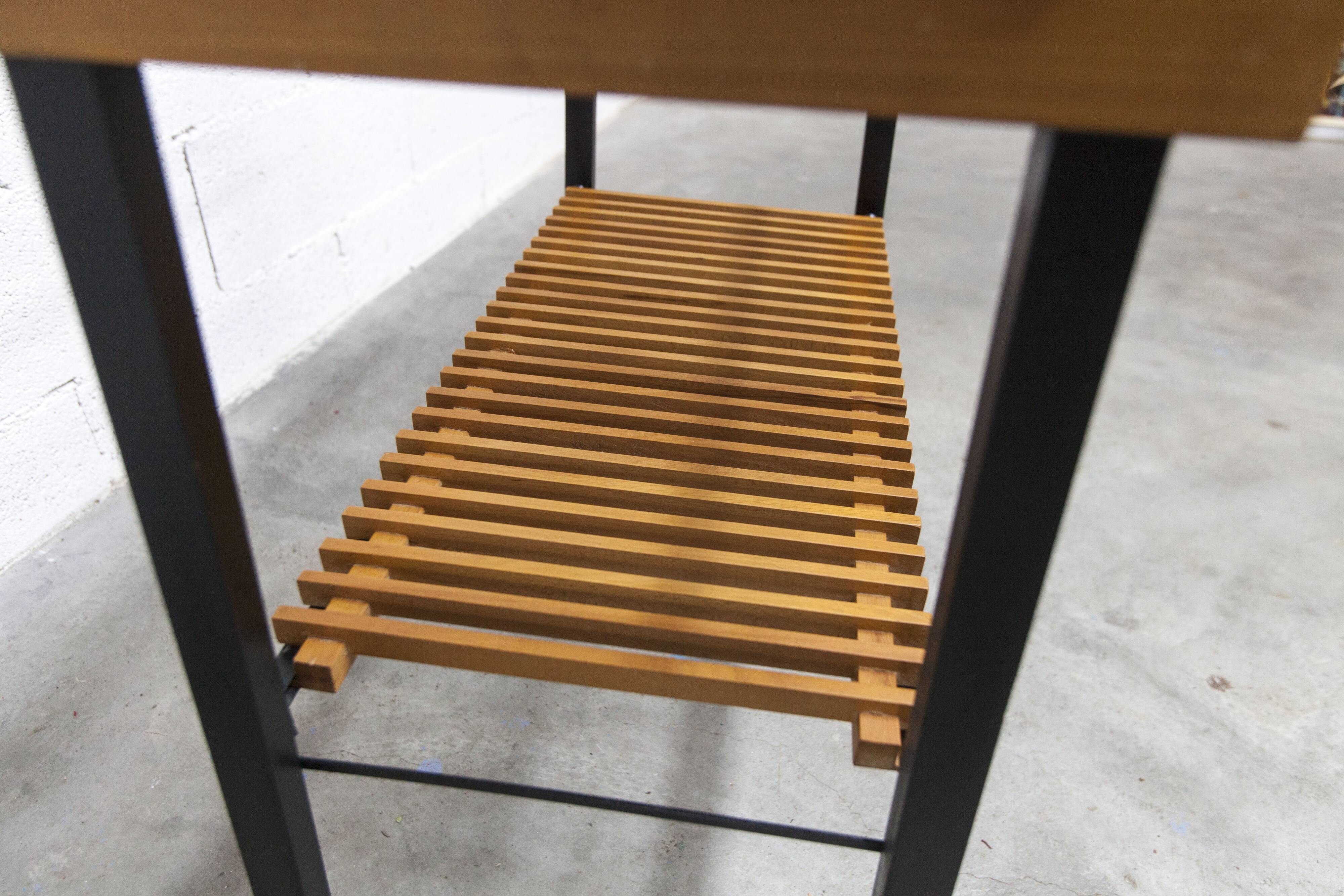 1960s serving cart, hi-fi cabinet on casters, teak, black metal, glass