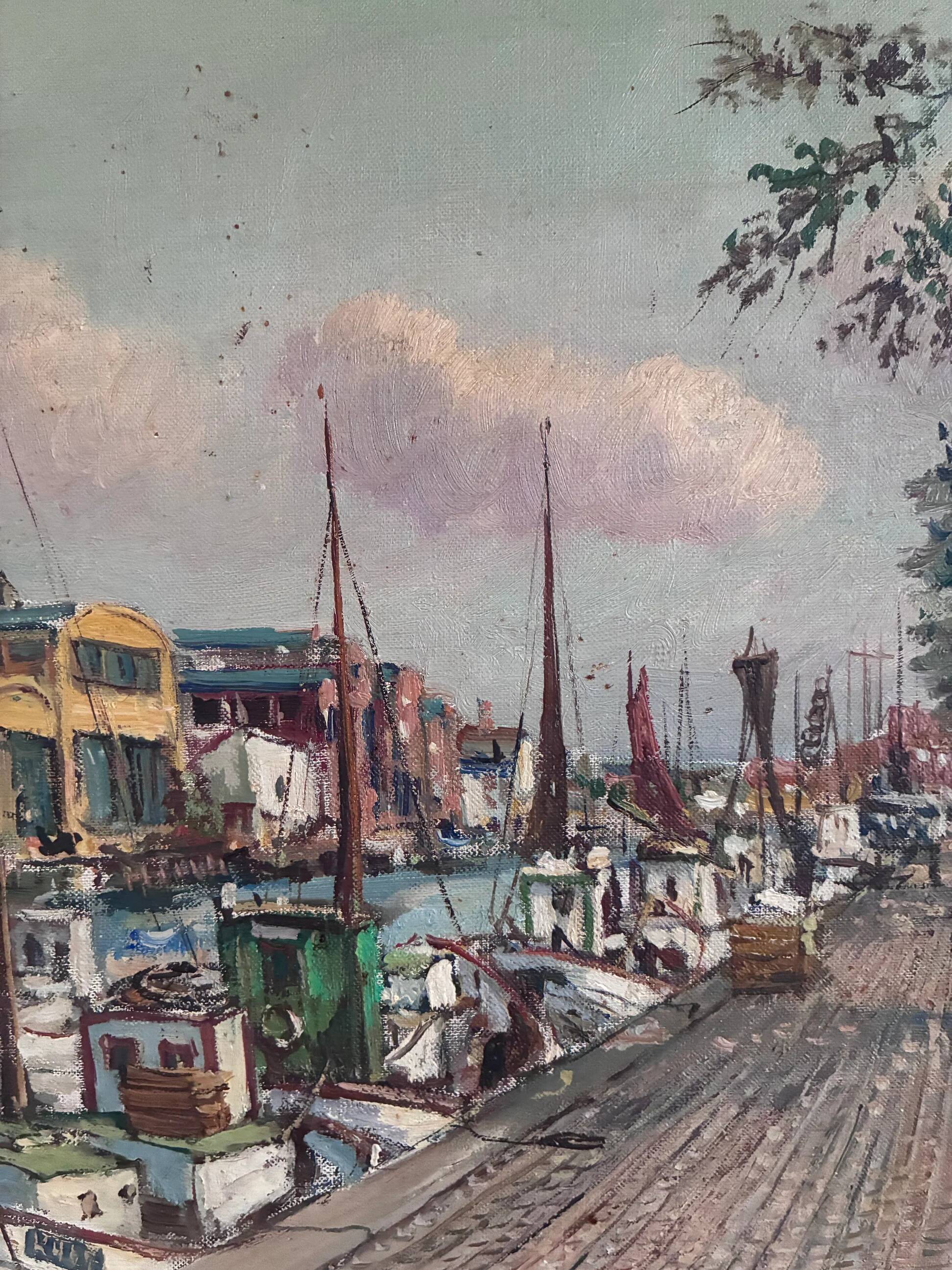 Vintage original Scandinavian harbor oil painting