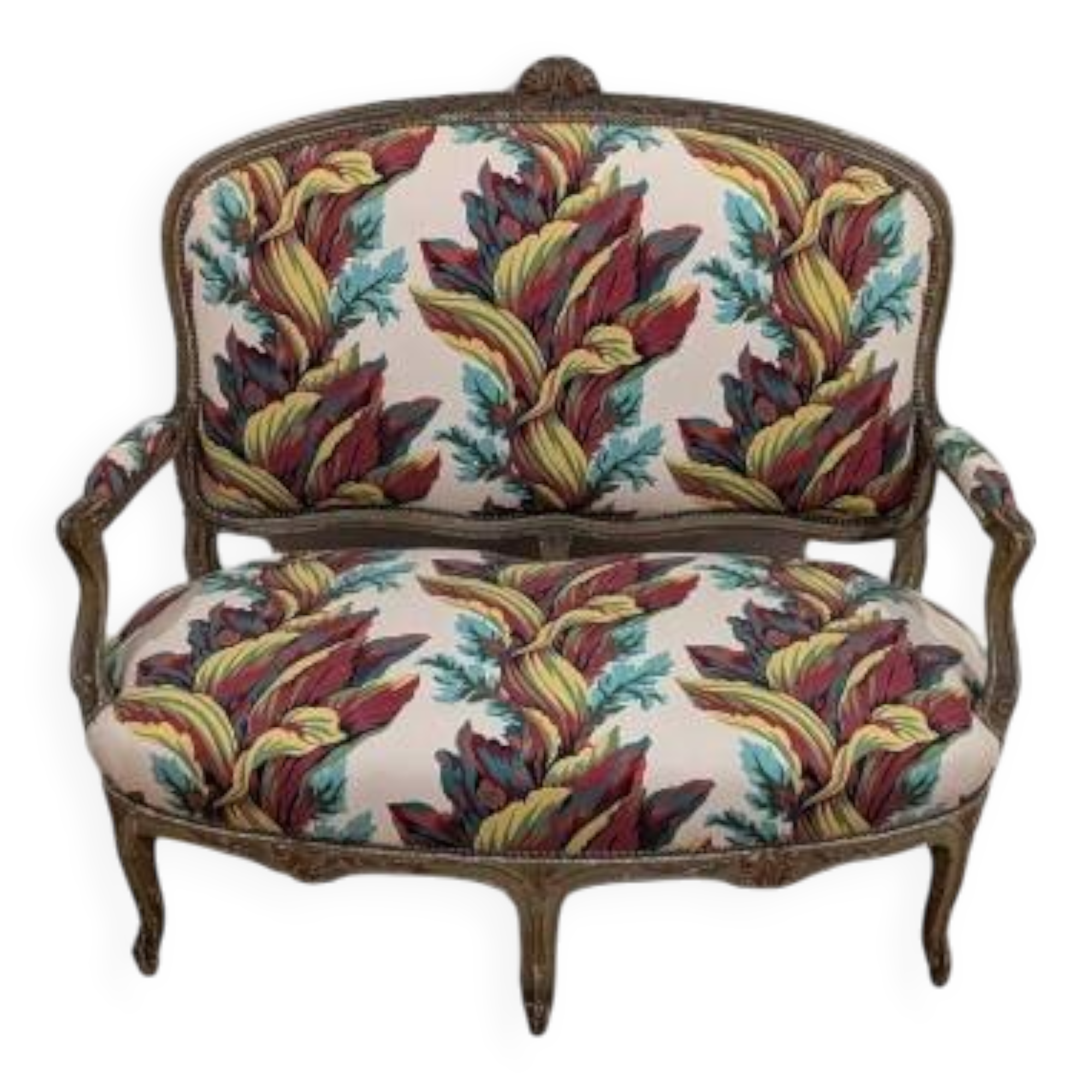 Directoire style sofa, carved wood & floral fabric, perfect condition