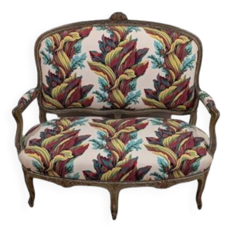 Canapé style directoire bois sculpté & tissu floral parfait état