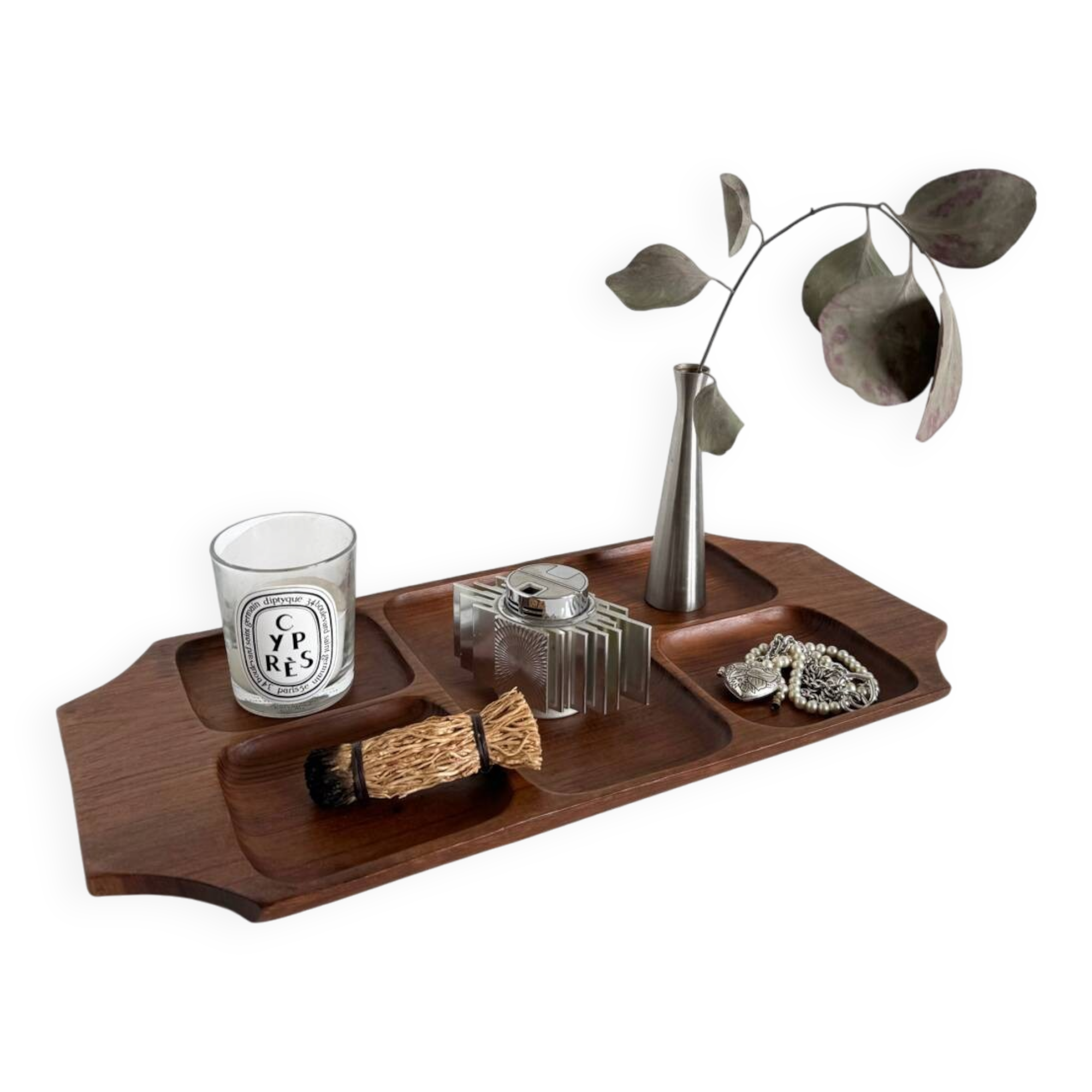 Vintage teak serving tray from the 1950s with compartments.