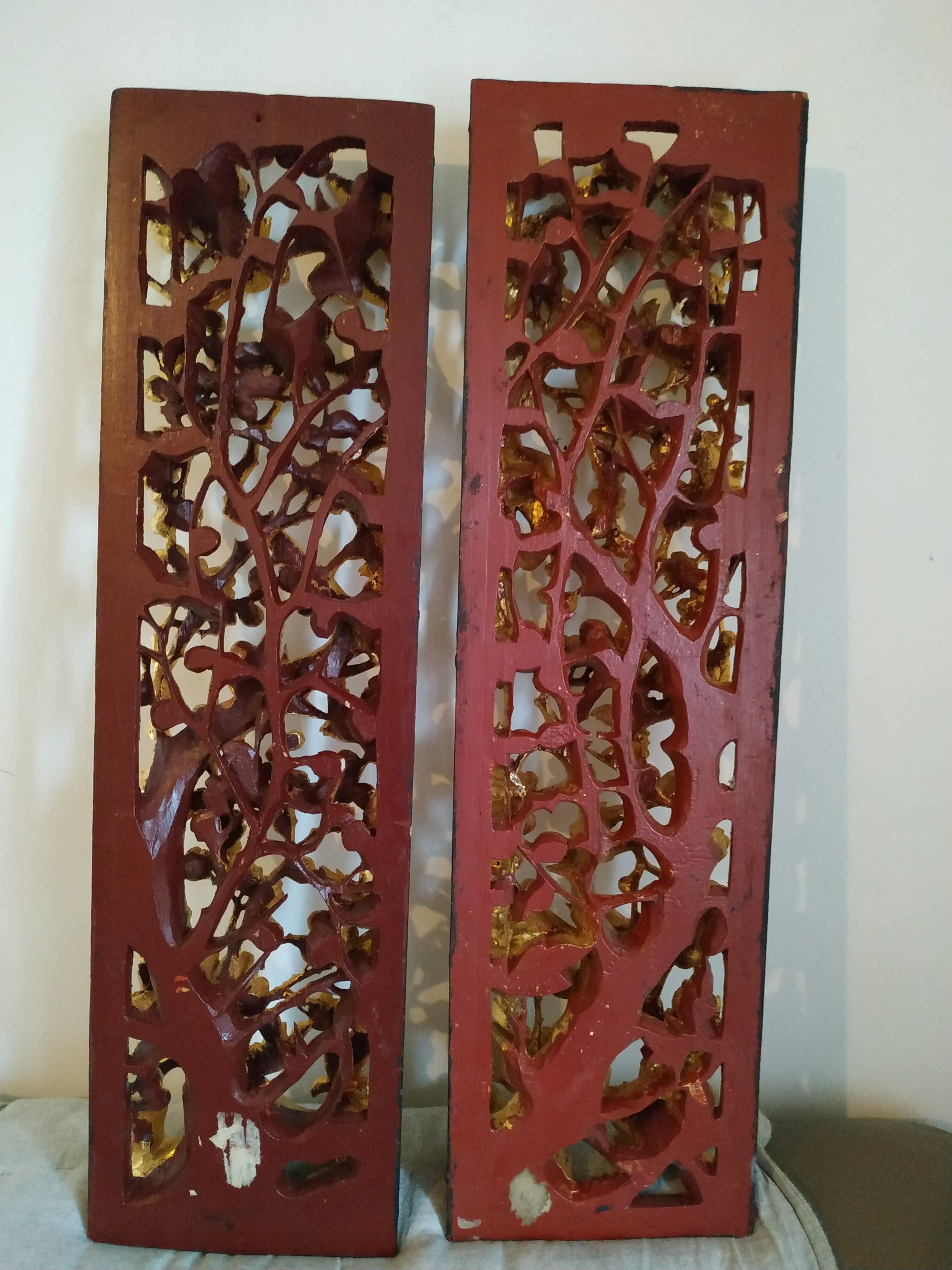 Pair of Ningbo panels in Chinese carved gilded wood