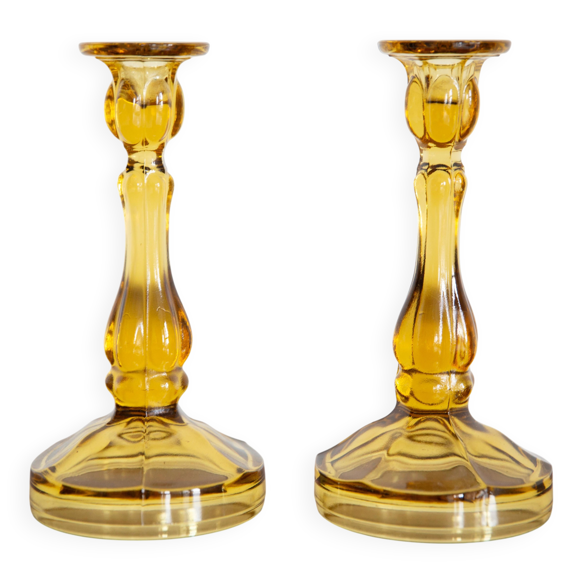 Set of two yellow glass candlesticks, Mid-Century Modern, Europe, 1960s.