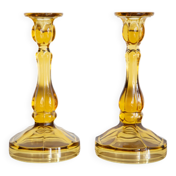 Set of two yellow glass candlesticks, Mid-Century Modern, Europe, 1960s.